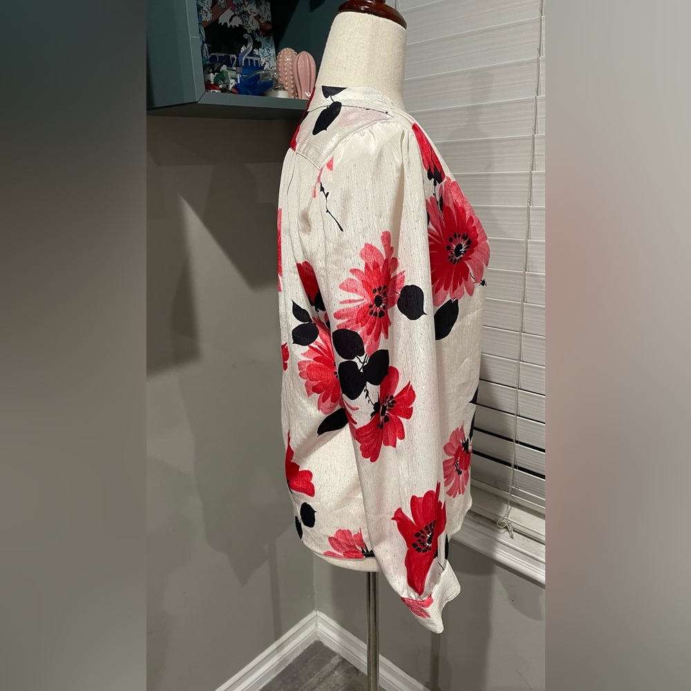 Vintage Pykettes Top White Floral Rose Print Button Front Collared Long Sleeve - Picture 5 of 6